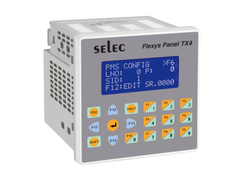 Flexys Tx4 LCD Metin ekranlı Modüler PLC, Kart seçimine göre DI, DO, AI, AO, FL-TX4-DI04-PS-230V, FL-TX4-DI04-PS-24V, FL-TX4-LG-1-0-1-V2,  O Kartları için 4 Yuvalı 96 X 96 Panel Montajlı PLC.